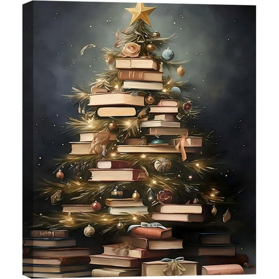Creative Christmas Book Tree Pictures, Modern Framed Canvas Wall Art for Living Room Wall Decor, Winter Cottagecore Paintings for Bedroom Bathroom, Xmas Holiday Decorations Gifts