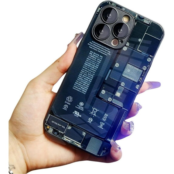 Creative Circuit Board Glass Phone Case, for iPhone Shell 14 13 / Plus/Pro/Pro Max with Lens Protector Film. Unique Straight Edge Design Tech-Inspired Back Cover