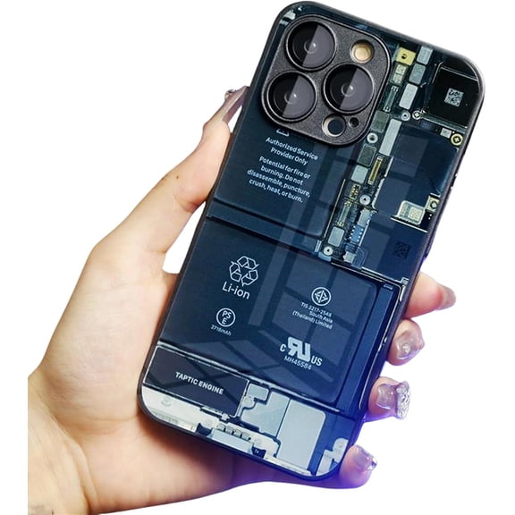 Creative Circuit Board Glass Phone Case, for iPhone Shell 14 13 / Plus/Pro/Pro Max with Lens Protector Film. Unique Straight Edge Design Tech-Inspired Back Cover