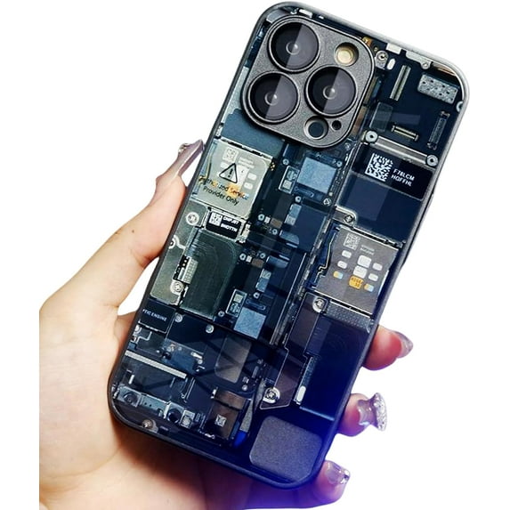 Creative Circuit Board Glass Phone Case, for iPhone Shell 14 13 / Plus/Pro/Pro Max with Lens Protector Film. Unique Straight Edge Design Tech-Inspired Back Cover