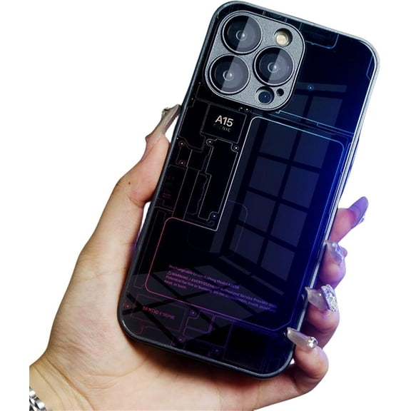 Creative Circuit Board Glass Phone Case, for iPhone Shell 15 / Plus/Pro/Pro Max with Lens Protector Film. Unique Straight Edge Design Tech-Inspired Back Cover
