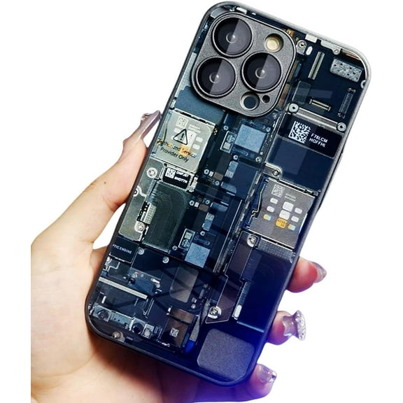 Creative Circuit Board Glass Phone Case, for iPhone Shell 15 / Plus/Pro/Pro Max with Lens Protector Film. Unique Straight Edge Design Tech-Inspired Back Cover