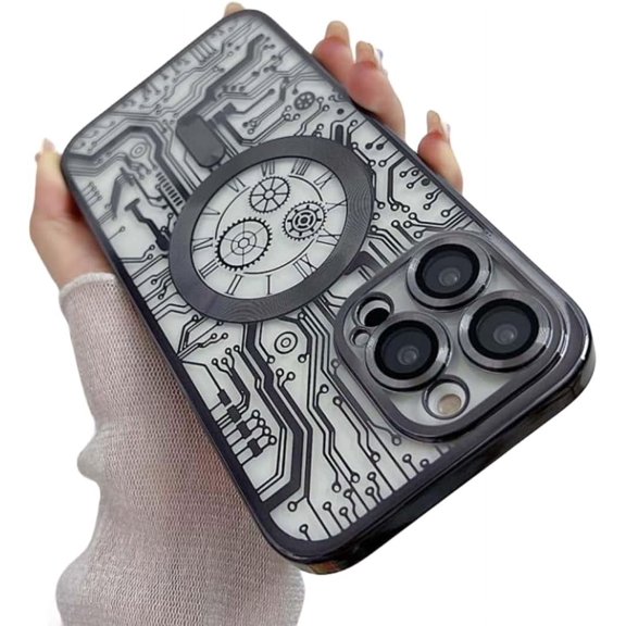 Creative Circuit Board Pattern Plating Full Cover Case with Lens Film, Soft Case, Anti-Drop, Magnetic Attachment, for iPhone 15 14 13 12 11 Pro Max Plus Phone Case (Black,iPhone 14 Plus)