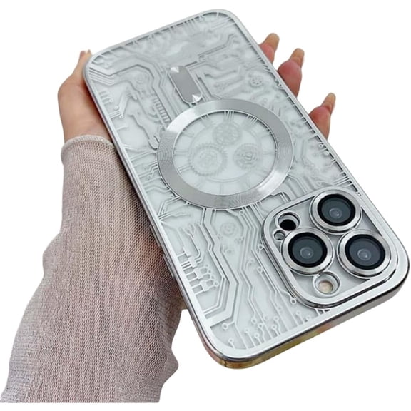Creative Circuit Board Pattern Plating Full Cover Case with Lens Film, Soft Case, Anti-Drop, Magnetic Attachment, for iPhone 15 14 13 12 11 Pro Max Plus Phone Case (Silver,iPhone 15)