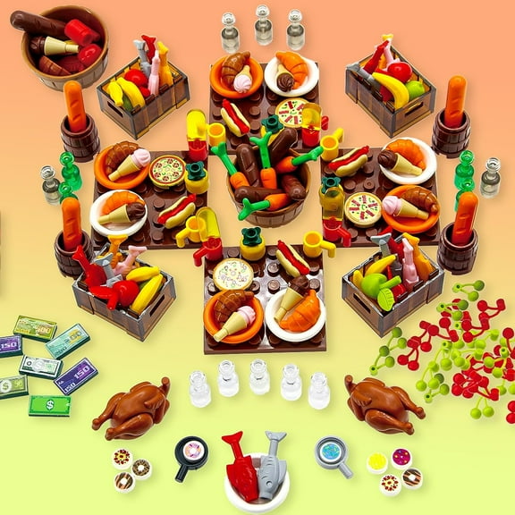 Creative City Food Building Blocks Set Imaginative Play Accessories with Pizza, Shopping Trolley, Fruits, Veggies, Compatible with Major Brands, Ideal for Party Favors and Educational