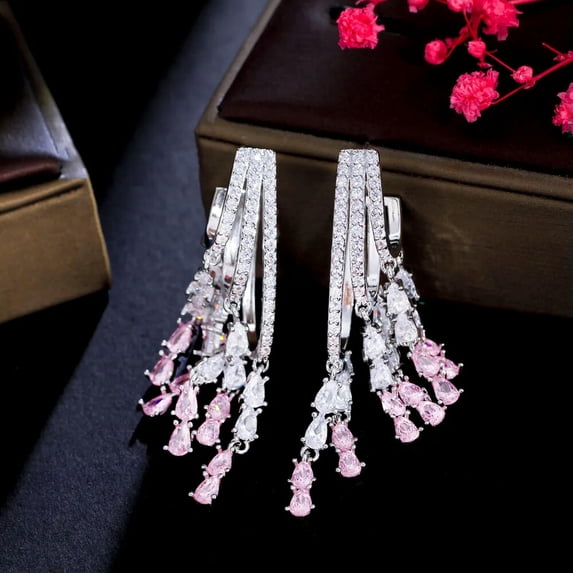 Creative Cluster Silver Plated Pink CZ Bridal Dangle Tassel Drop Long Earrings