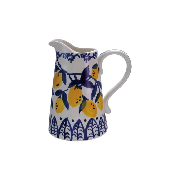 Creative Co-Op 1.5-Quart Hand-Painted Stoneware Pitcher with Lemons, White, Blue and Yellow