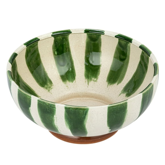 Creative Co-Op 10.25 Inches Round Hand-Painted Stoneware Footed Bowl with Stripes and Reactive Glaze, Green, White and Brown