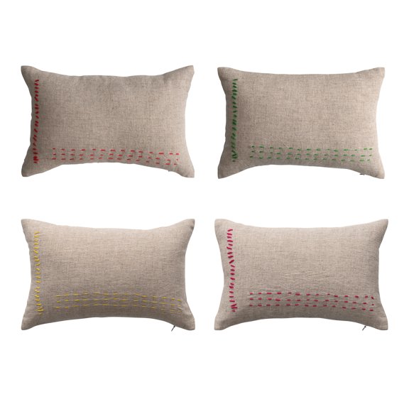 Creative Co-Op 14 Inches Linen Blend Mini Lumbar Pillow with Line Stitch Design in 4 Styles, Multicolor, Set of 4