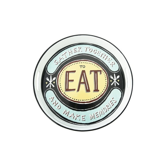 Creative Co-Op 15" Round "Gather Together to Each and Make Memories" Enameled Metal Tray with Cut-out Handles