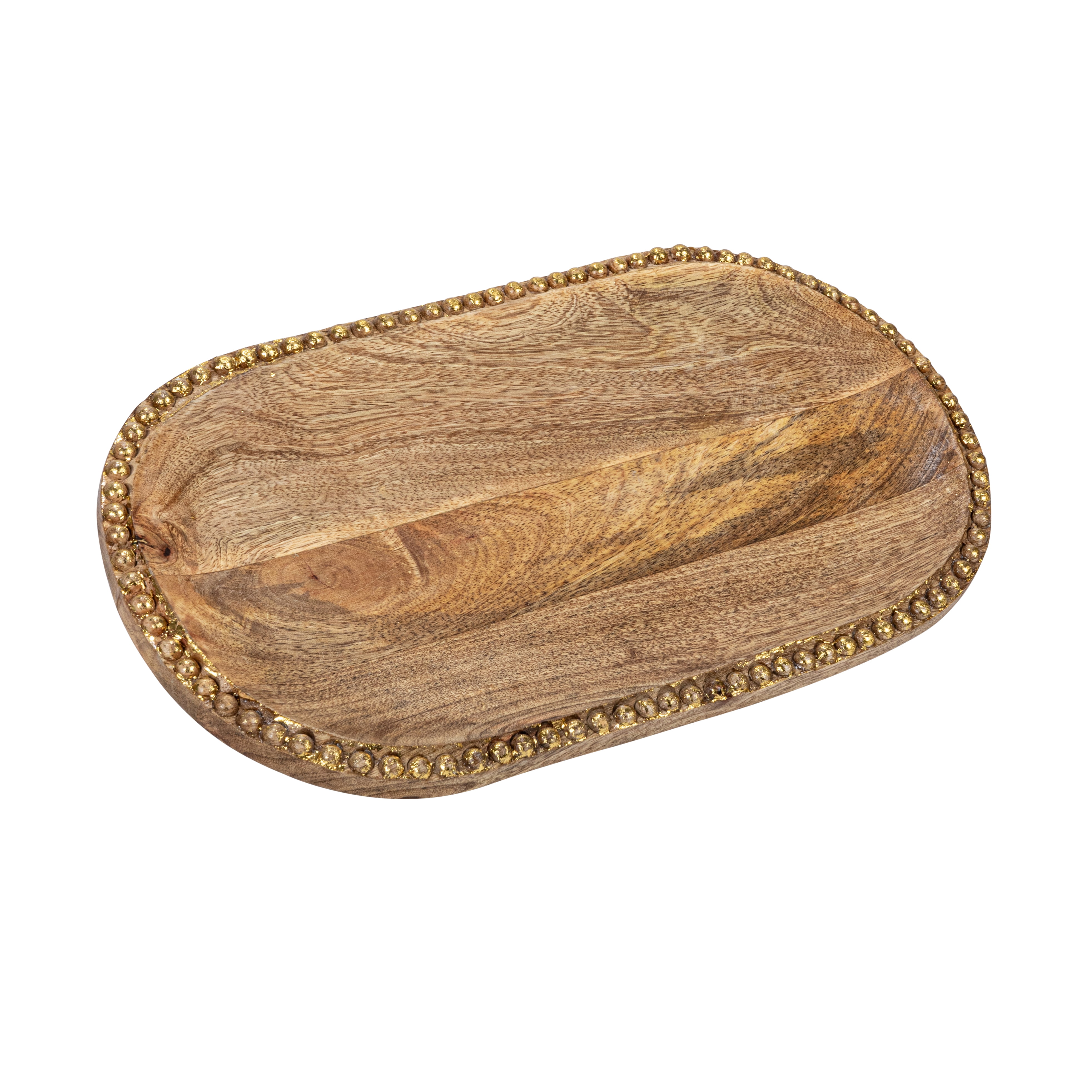 Hand-Carved Mango Wood Oval Tray with Gold Beads