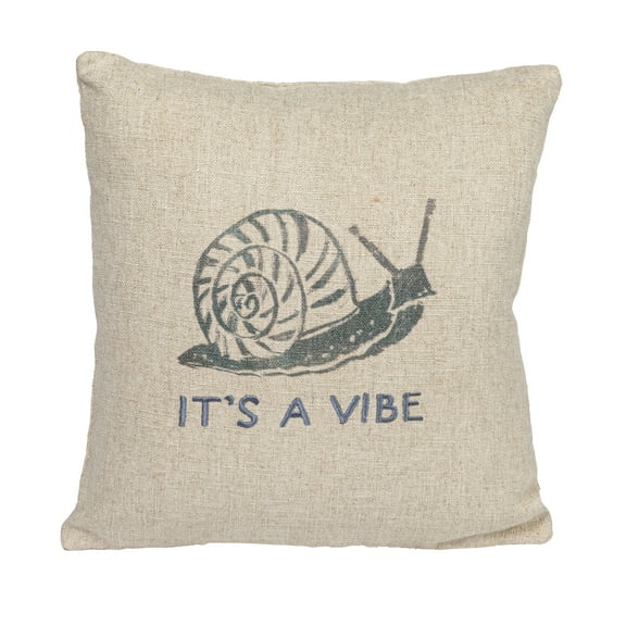 Creative Co-Op 16" Square Linen Blend Printed Pillow with Snail and "It's a Vibe" Text Embroidery, Natural and Gray