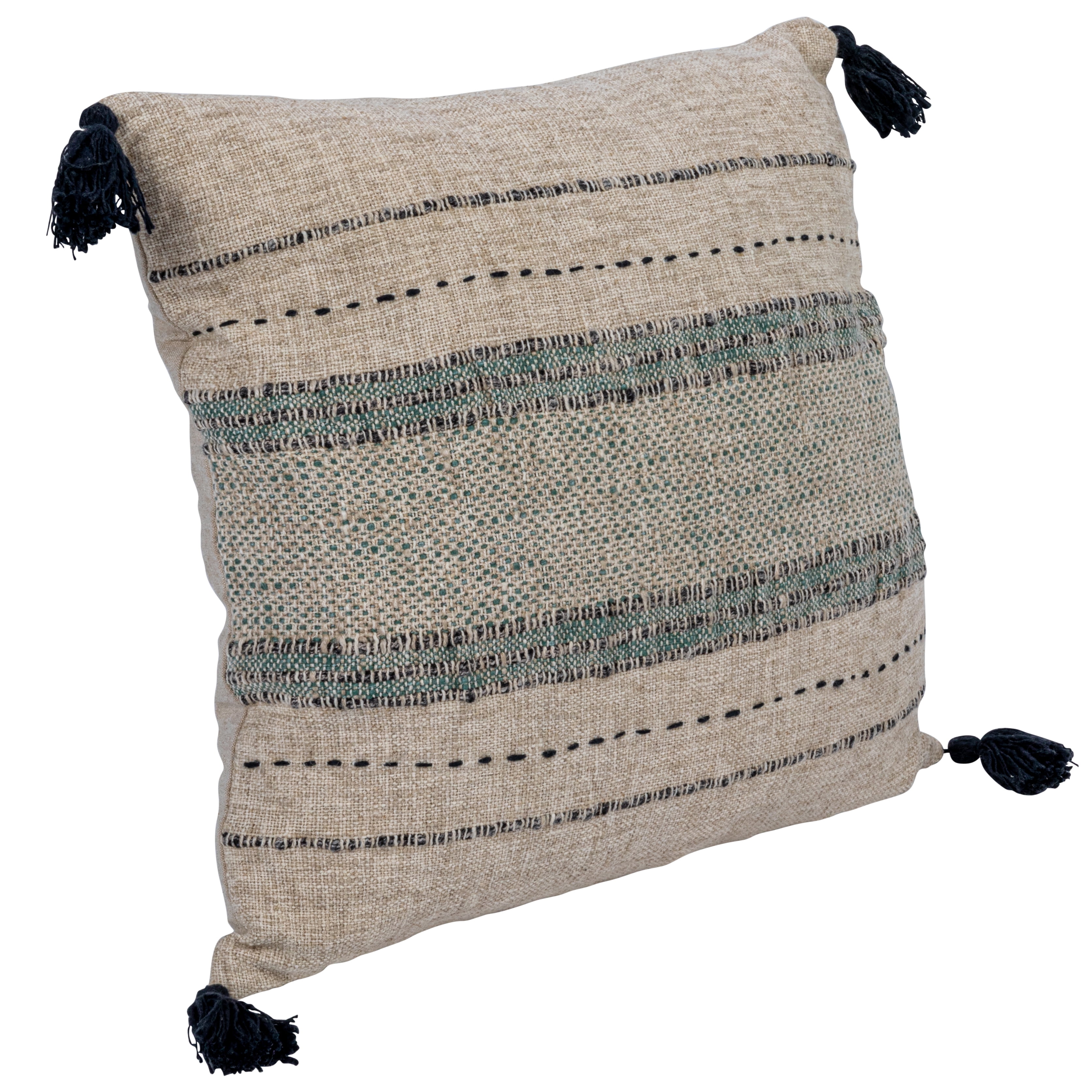 18" Square Natural Cotton Embroidered Pillow with Tassels