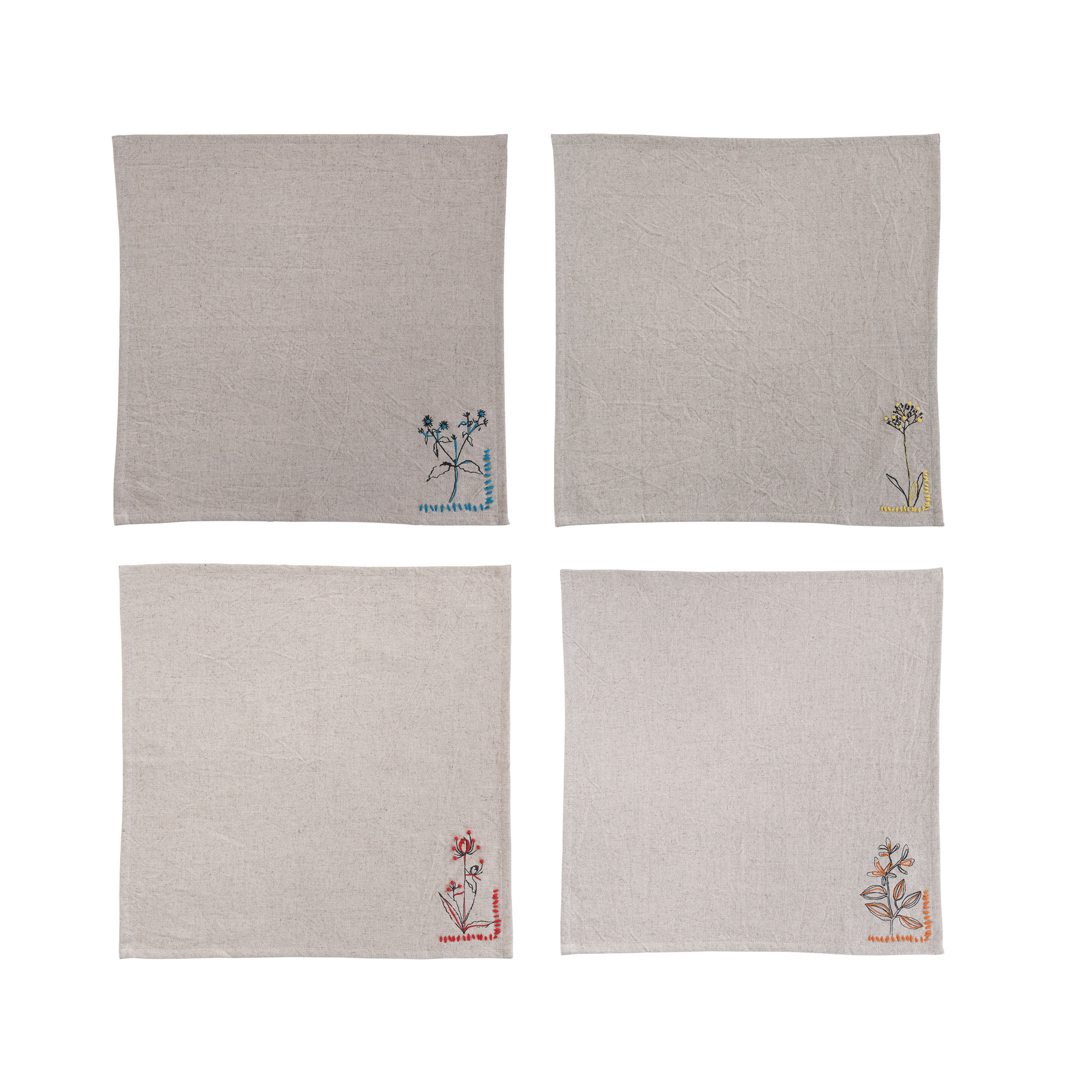 18" Gray Cotton and Linen Floral Embroidered Napkins, Set of 4