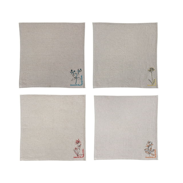 Creative CoOp 18 Inches Square Cotton and Linen Napkins with Flower