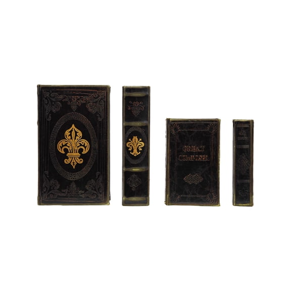Creative Co-Op 2-Piece Wood and Faux Leather Book Storage Boxes with Fleur De Lis "Great Composer", Black and Gold Color
