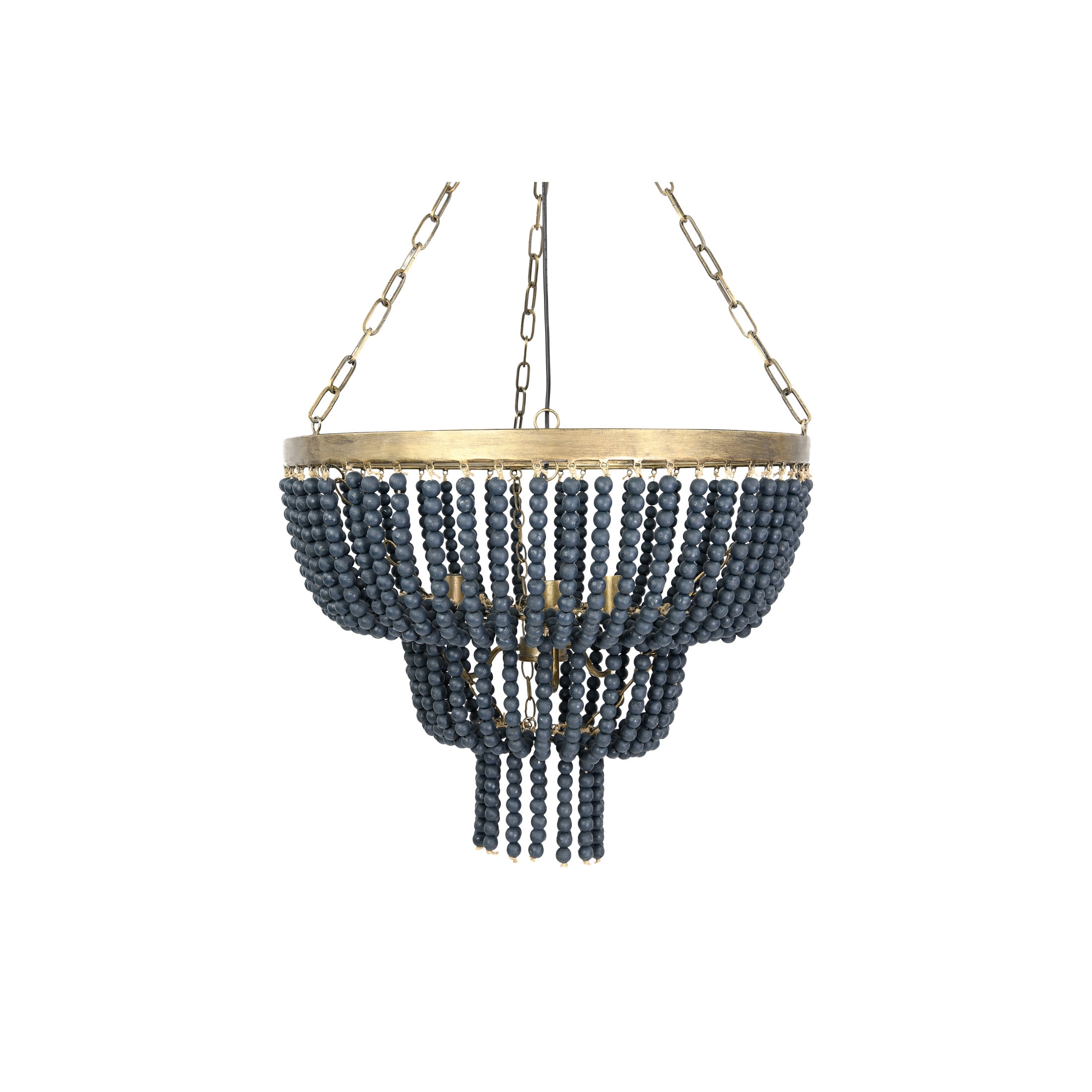 Blue Wood Bead 2-Tier Chandelier with Brass Accents
