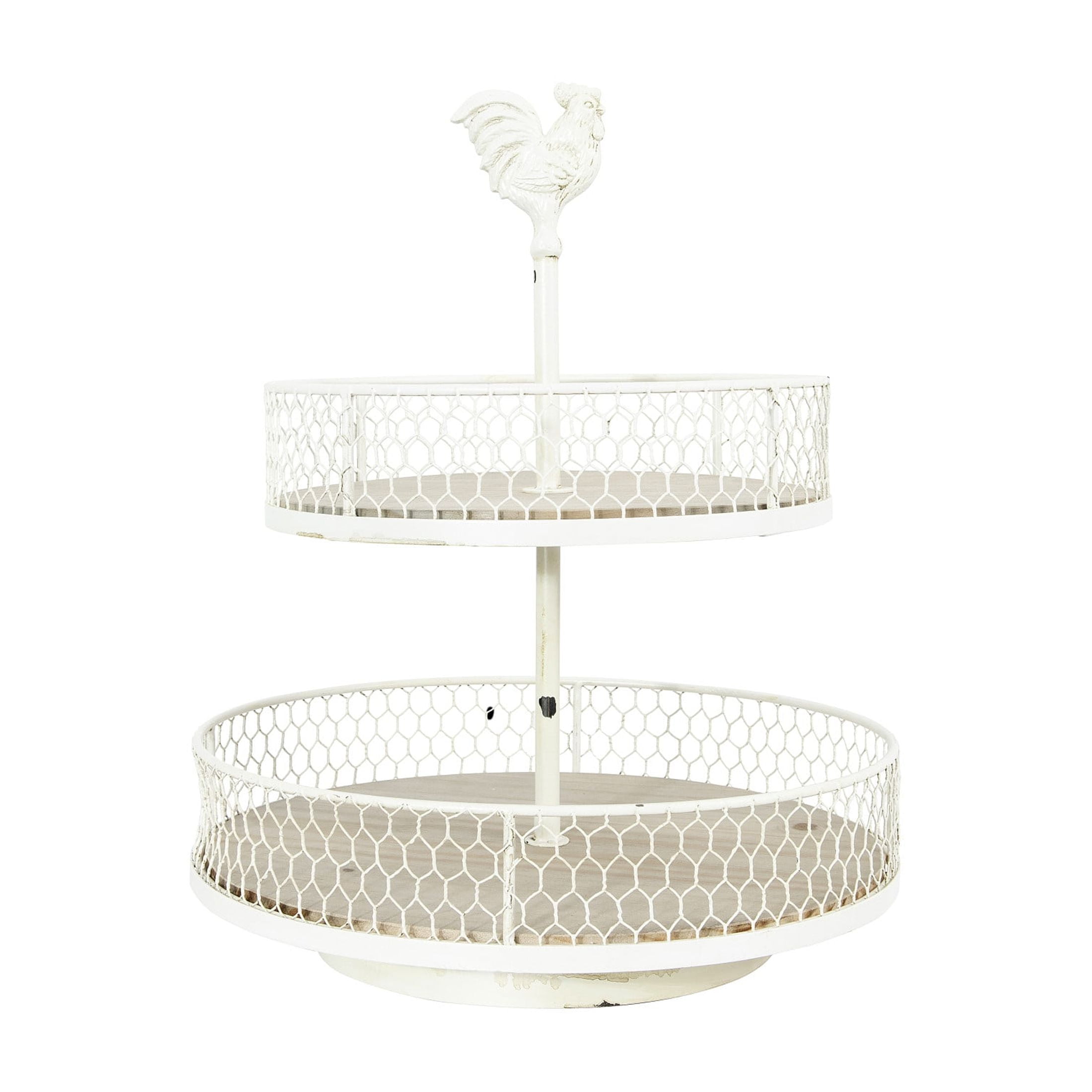 Rustic Farmhouse Round Wood & White Metal 2-Tier Rooster Tray