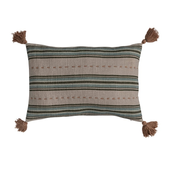Creative Co-Op 20 Inches Cotton Slub Printed Lumbar Pillow with Hand-Embroidered Stripes and Tassels, Multicolored
