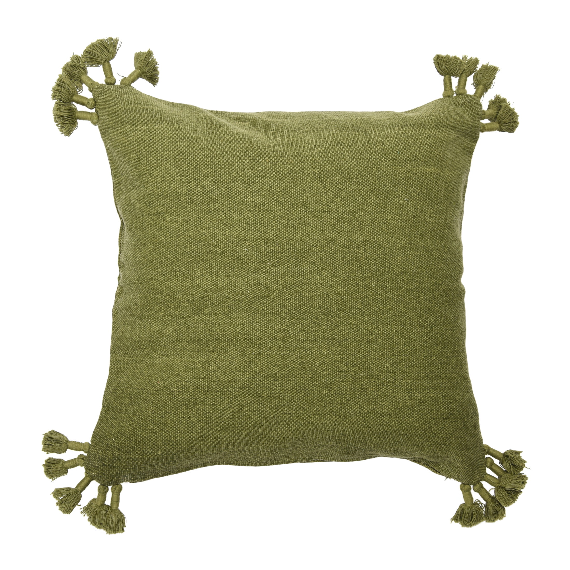Green Cotton Canvas Pillow Cover with Tassels, 20" x 20"