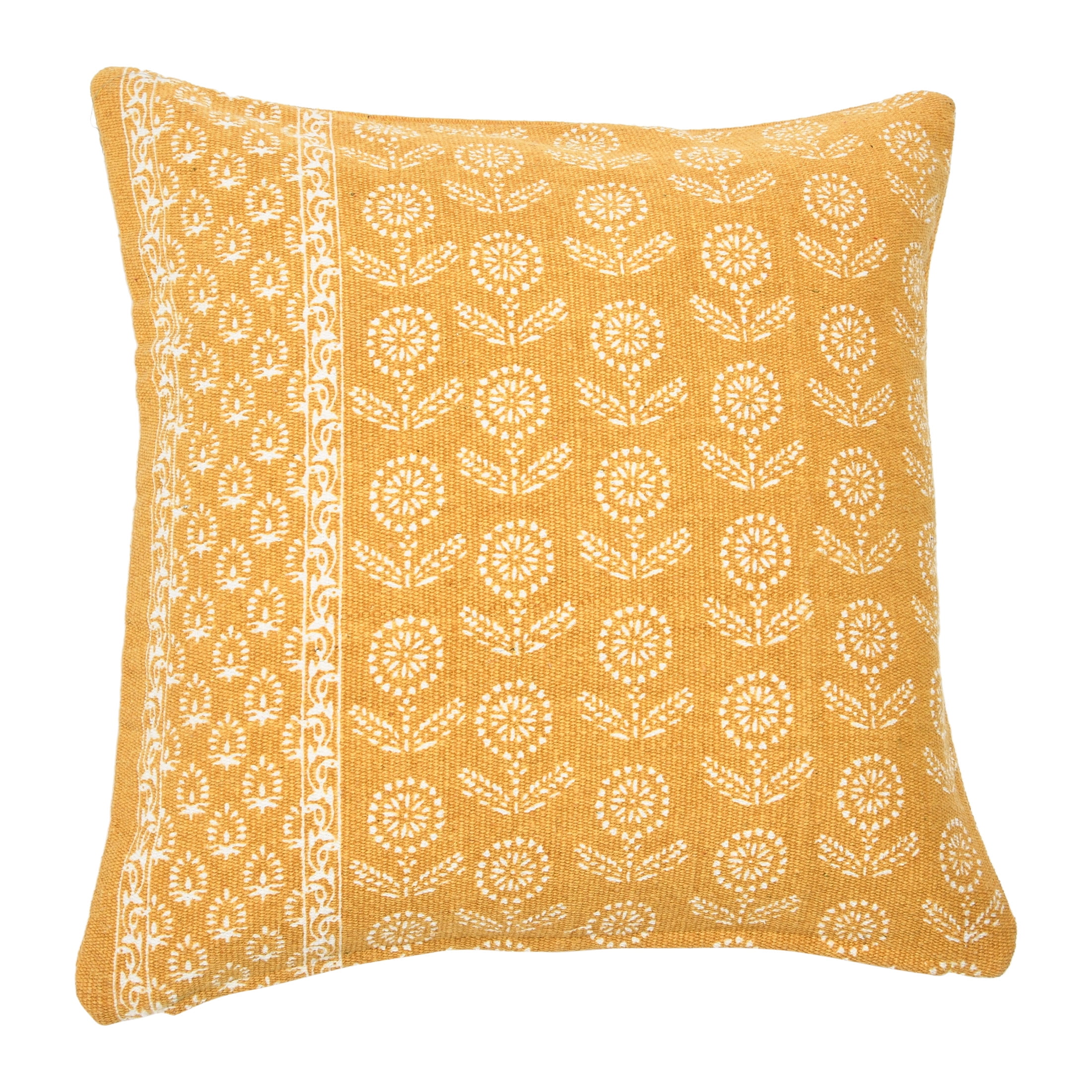 Mustard Cotton Floral Print Square Pillow Cover