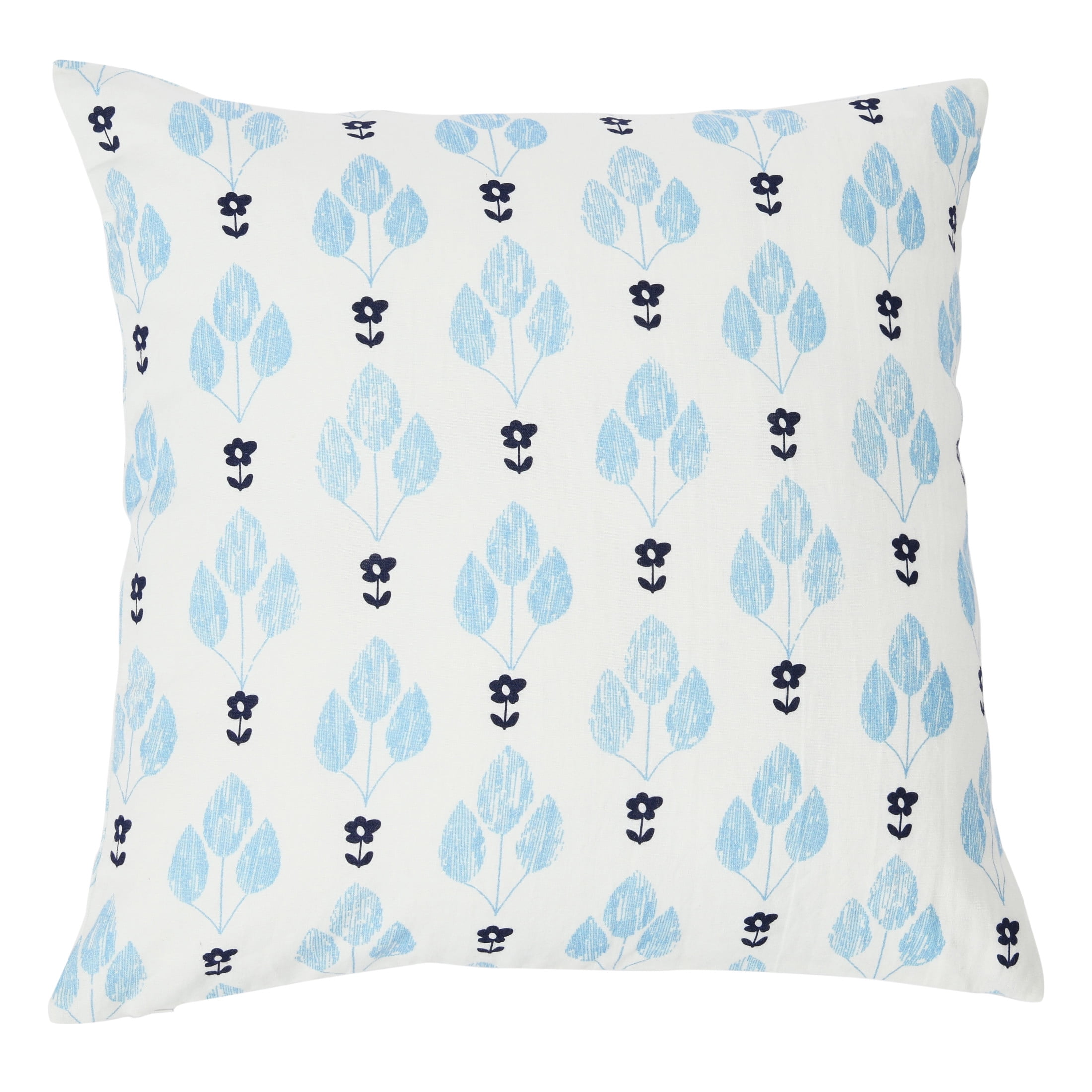 20" Blue and White Cotton Floral Print Pillow Cover