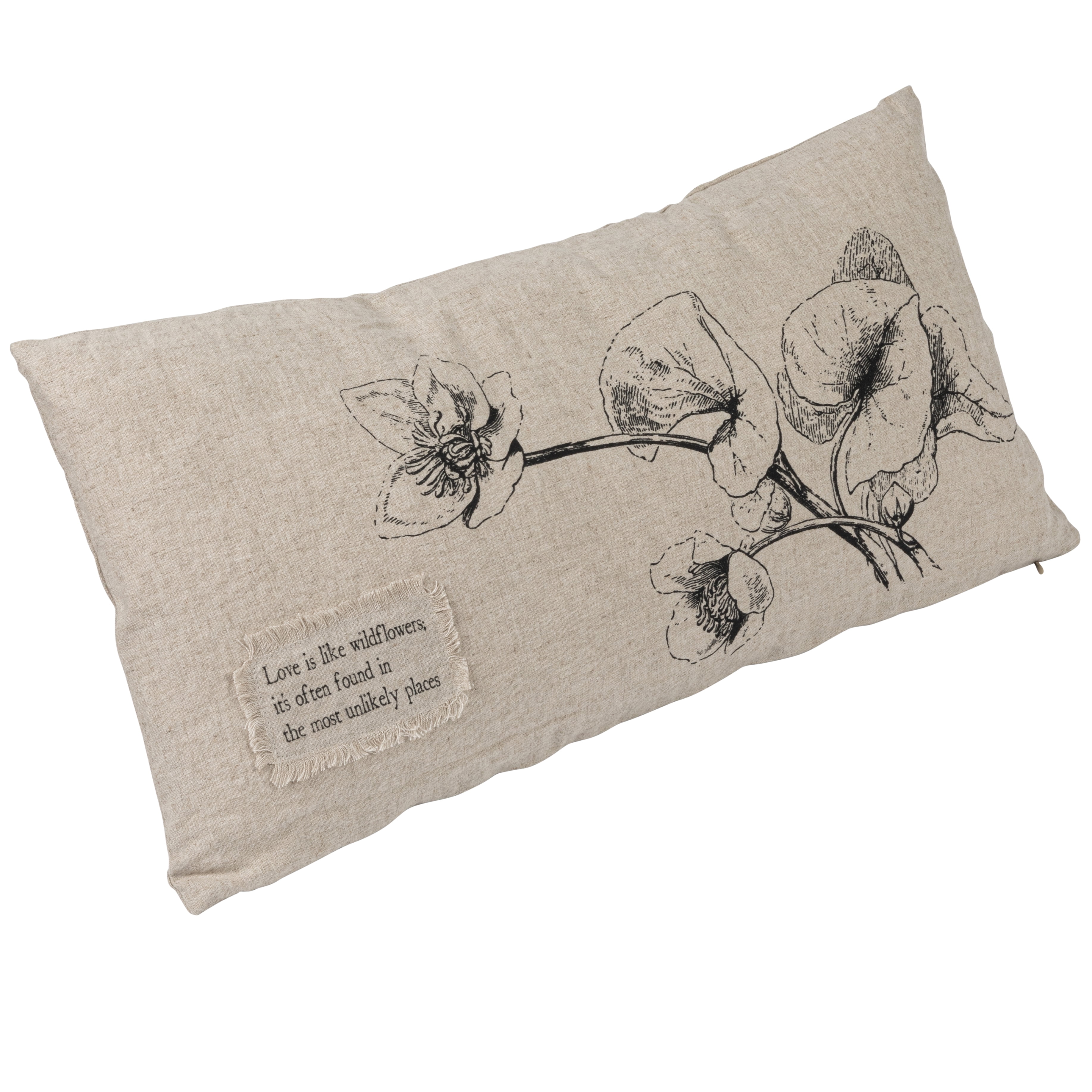 Natural Linen Blend Lumbar Pillow with Floral and Bird Design