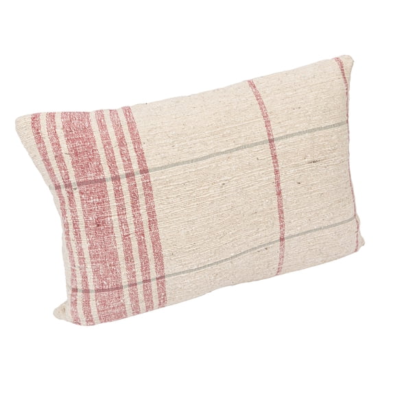 Creative Co-Op 24 Inches Woven Cotton Slub Lumbar Pillow with Grid Pattern, Natural and Red