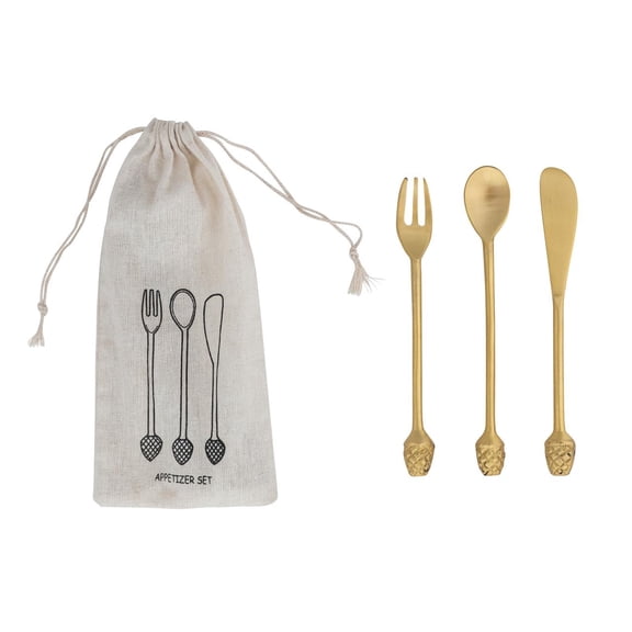 Creative Co-Op 3-Piece Appetizer Set with Pinecone Handles, Brass