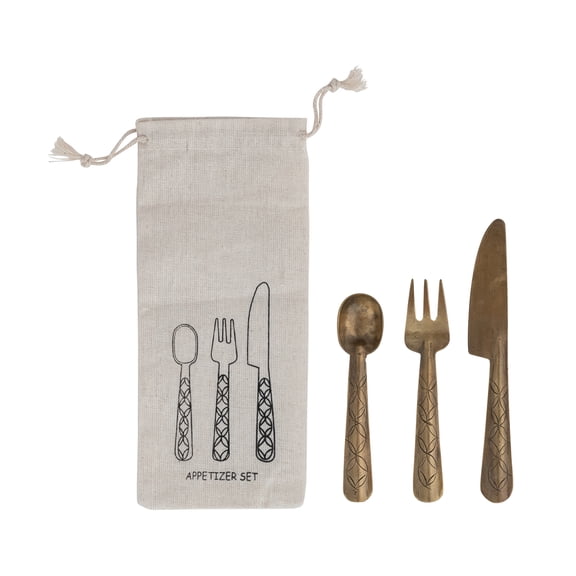 Creative Co-Op 3-Piece Hand-Forged Brass Appetizer Utensils with Etched Handles, Antique Finish