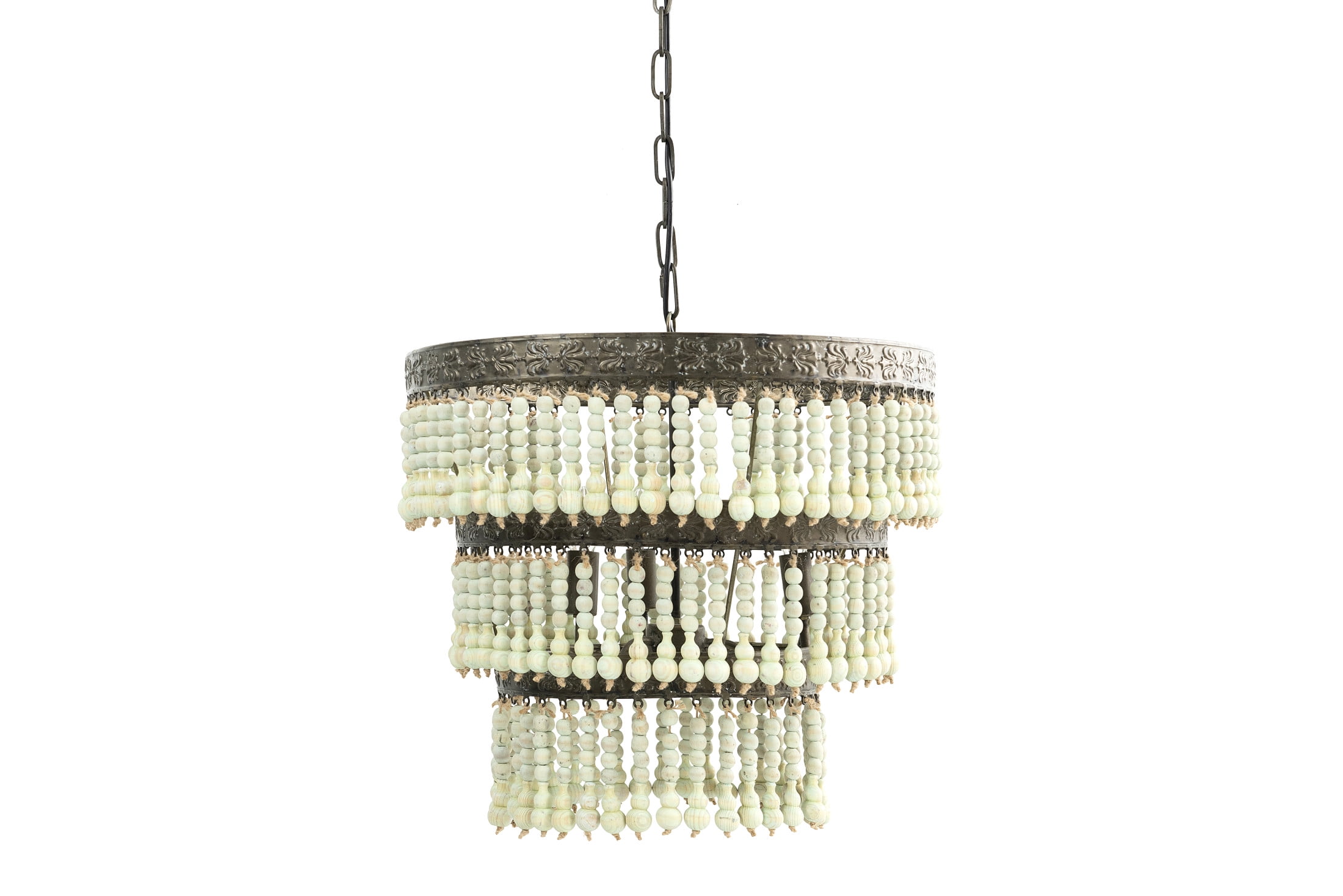 Antiqued Lime Green Beaded 3-Tier Metal Chandelier
