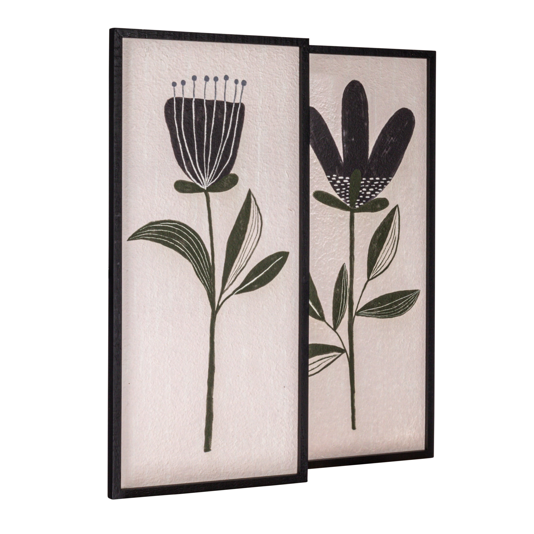 Black and Green Botanical Flower Prints on Canvas with Wood Frame, 30" Set of 2