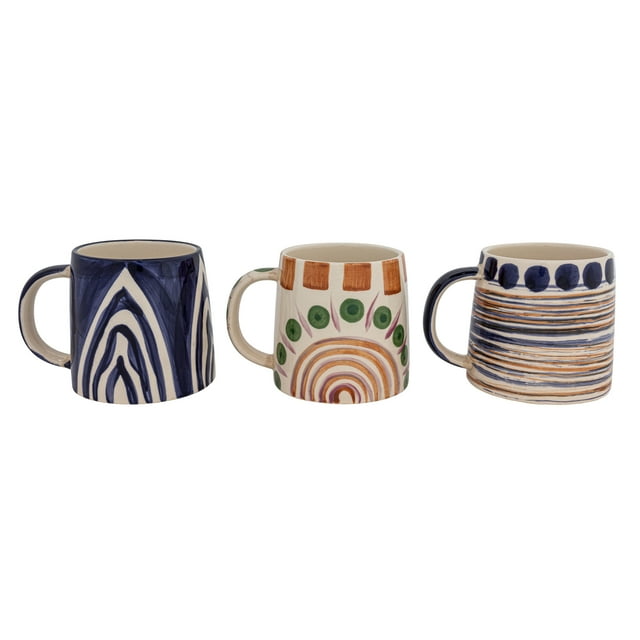 Creative Co-Op 4.25 Inches Stoneware Mug with Geometric Pattern Prints, Multicolor, Set of 3