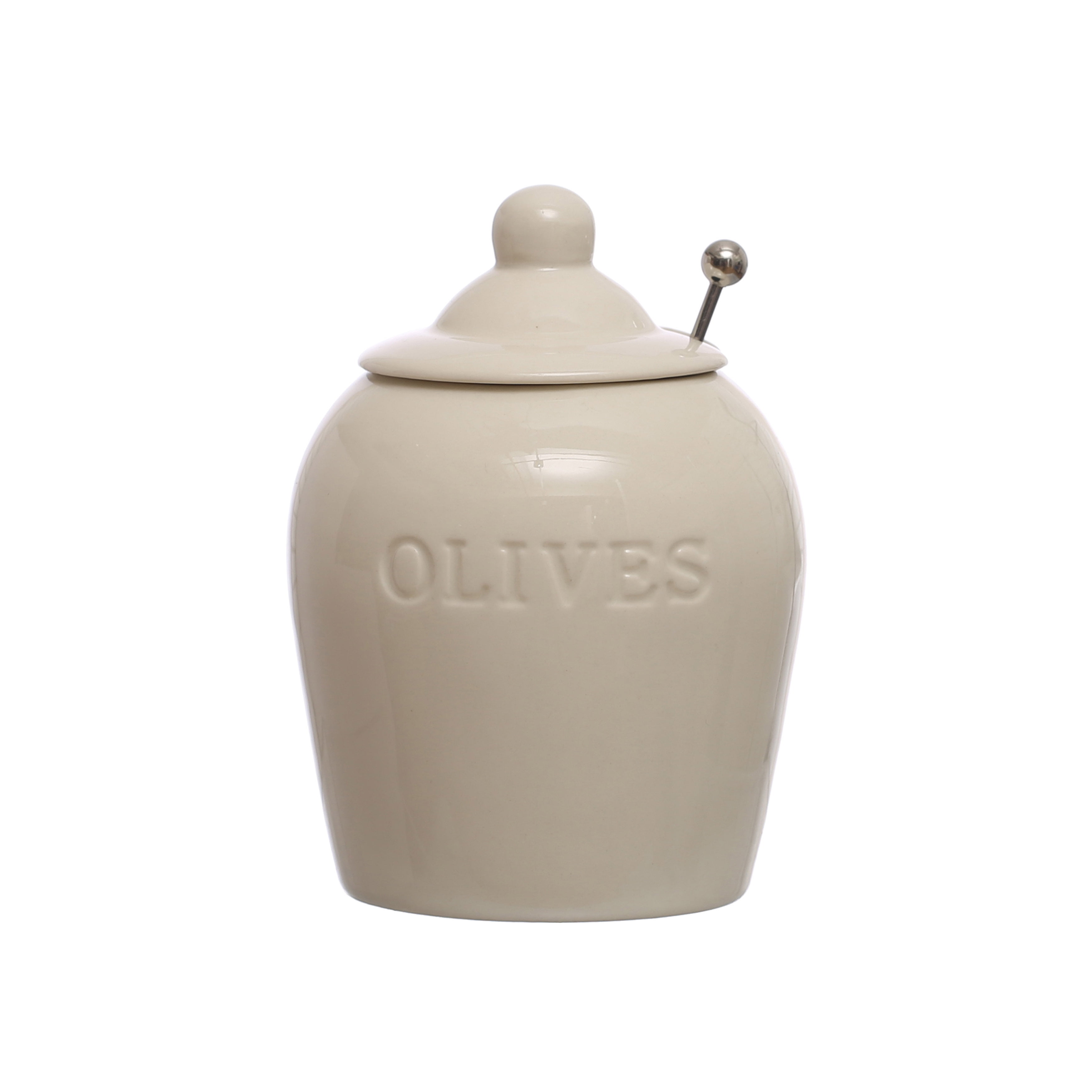 Off-White Ceramic Olive Jar with Stainless Steel Spoon