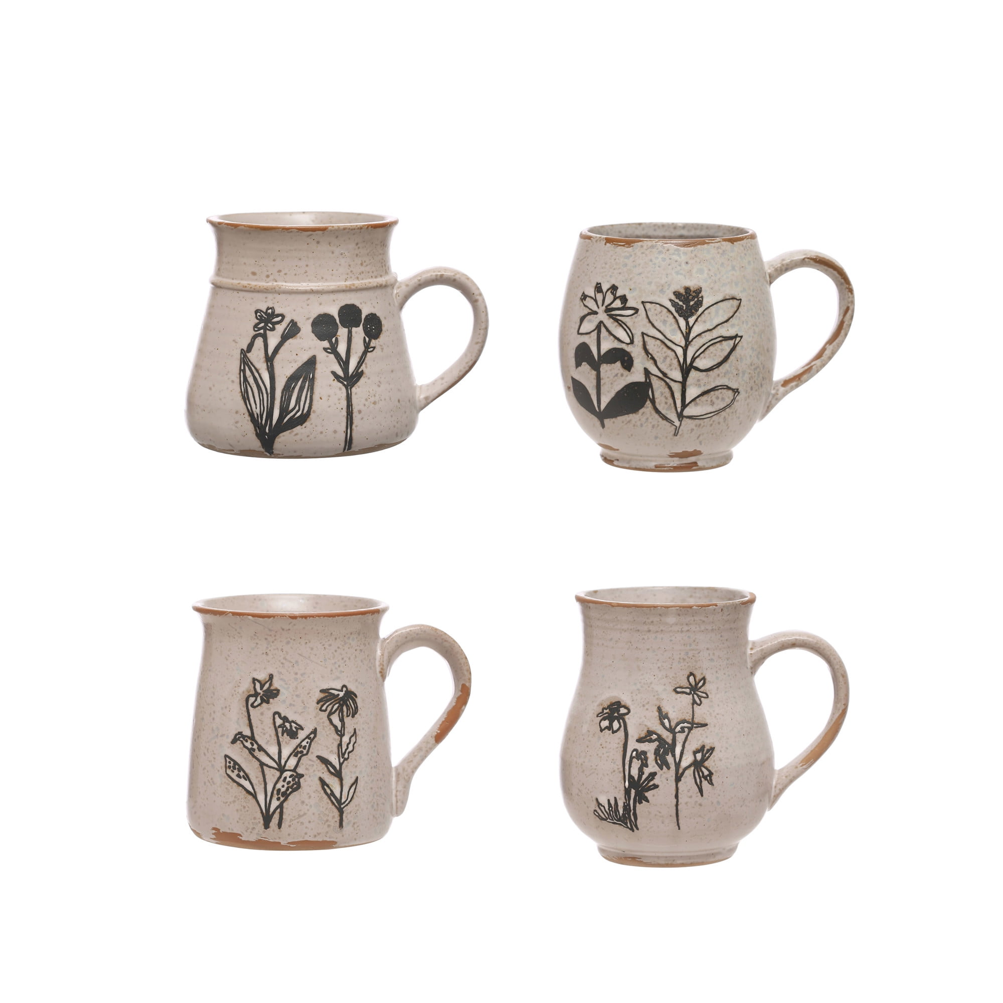 Set of 4 White Ceramic Mugs with Floral Designs