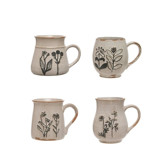 Creative Co-Op 4 Inches Stoneware Mug with Reactive Glaze and Various Mug Shapes, Cream, Set of 4