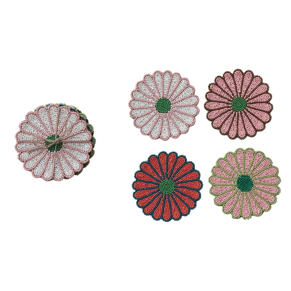 Creative Co-Op 4-Piece Beaded Glass Flower Shaped Coasters with Jute Tie, 4 Colors