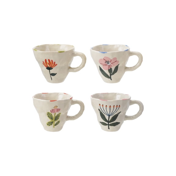 Creative Co-Op 4-Piece Hand-Painted Stoneware Organic Shaped Mug with Flower Image, Multicolor