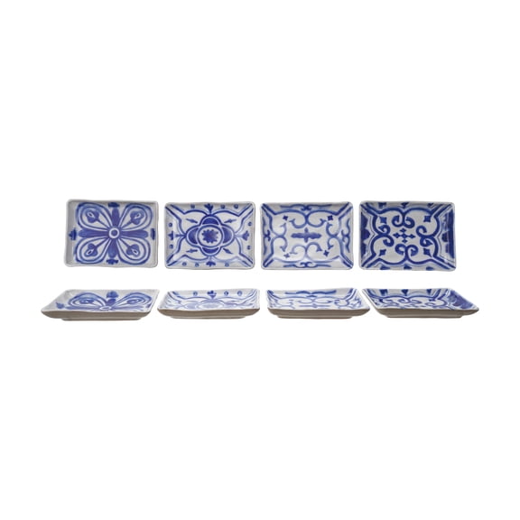 Creative Co-Op 4-Piece Hand-Painted Stoneware Rectangular Plate Set with Crackle Glaze, Blue and White