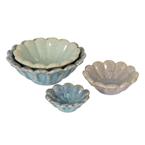 Creative Co-Op 4-Piece Stoneware Flower Shaped Bowl Set in Reactive Glaze, Multicolor