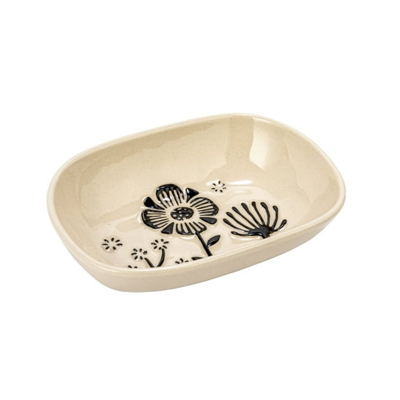 Creative Co-Op 5.5 Inches Stoneware Floral Dish, Cream and Black, Set of 4