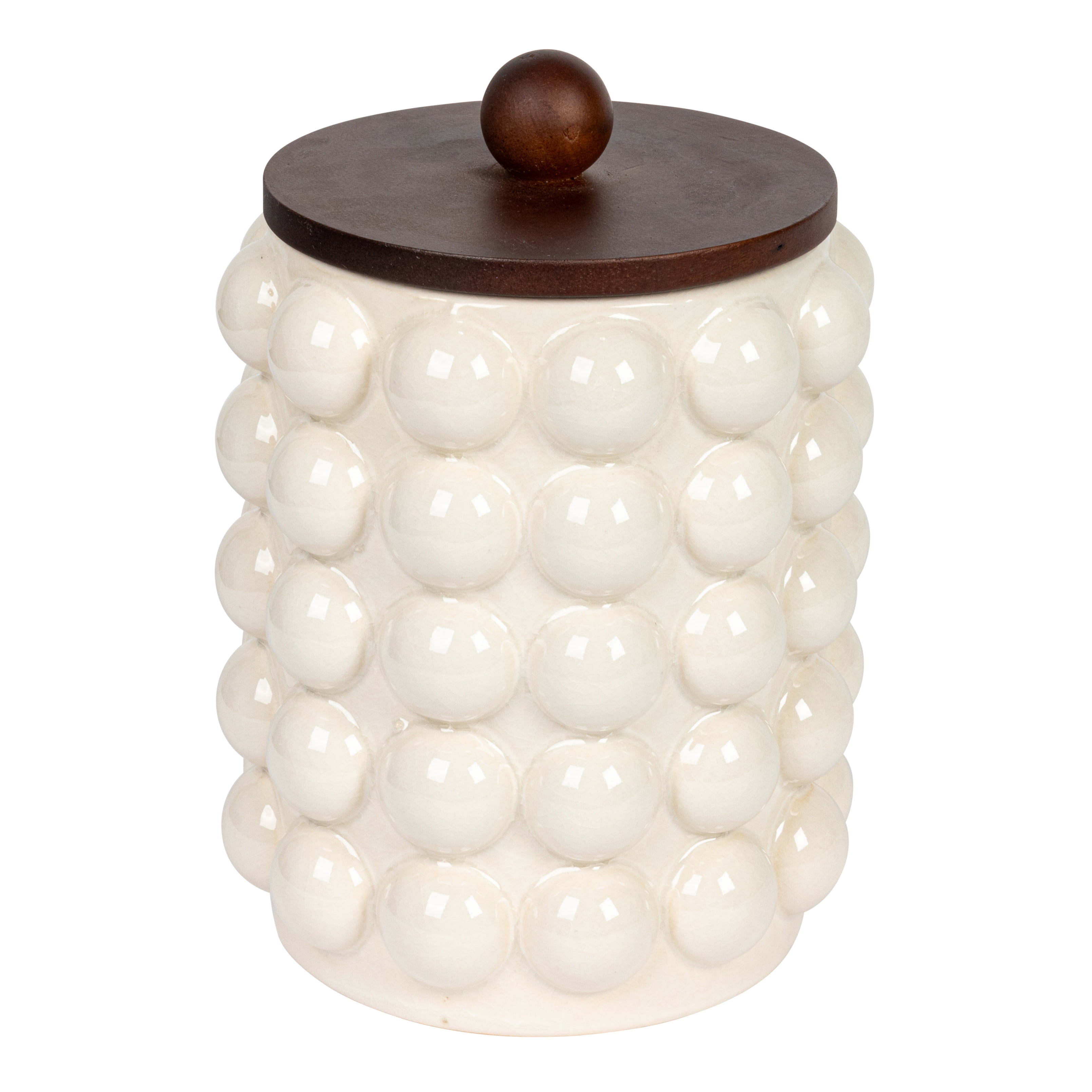 White Ceramic Canister with Acacia Wood Lid and Raised Dots