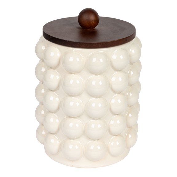 Creative Co-Op 5.75 Inches Round Stoneware Canister with Raised Dots and Acacia Wood Lid, White and Natural