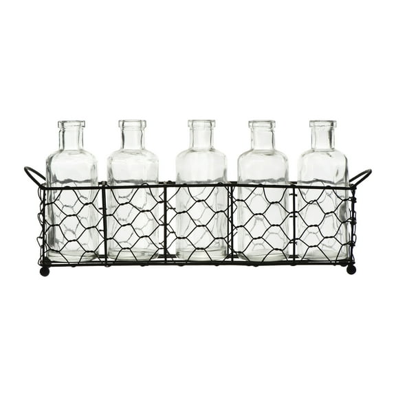 Creative Co-Op 5 Glass Vase Bottles on a Rectangle Metal Holder with Handles, Clear and Black, Set of 6