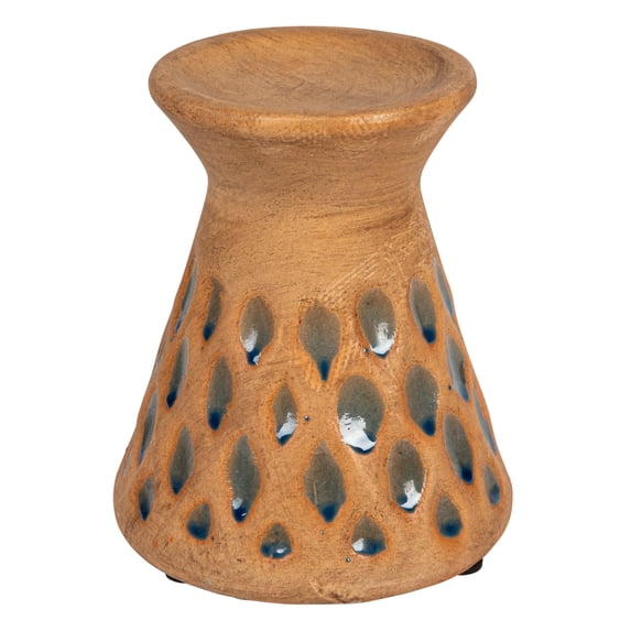 Creative Co-Op 6.5 Inches Debossed Terra-cotta Candle Pillar Holder for 3 Inches Pillar, Natural and Blue