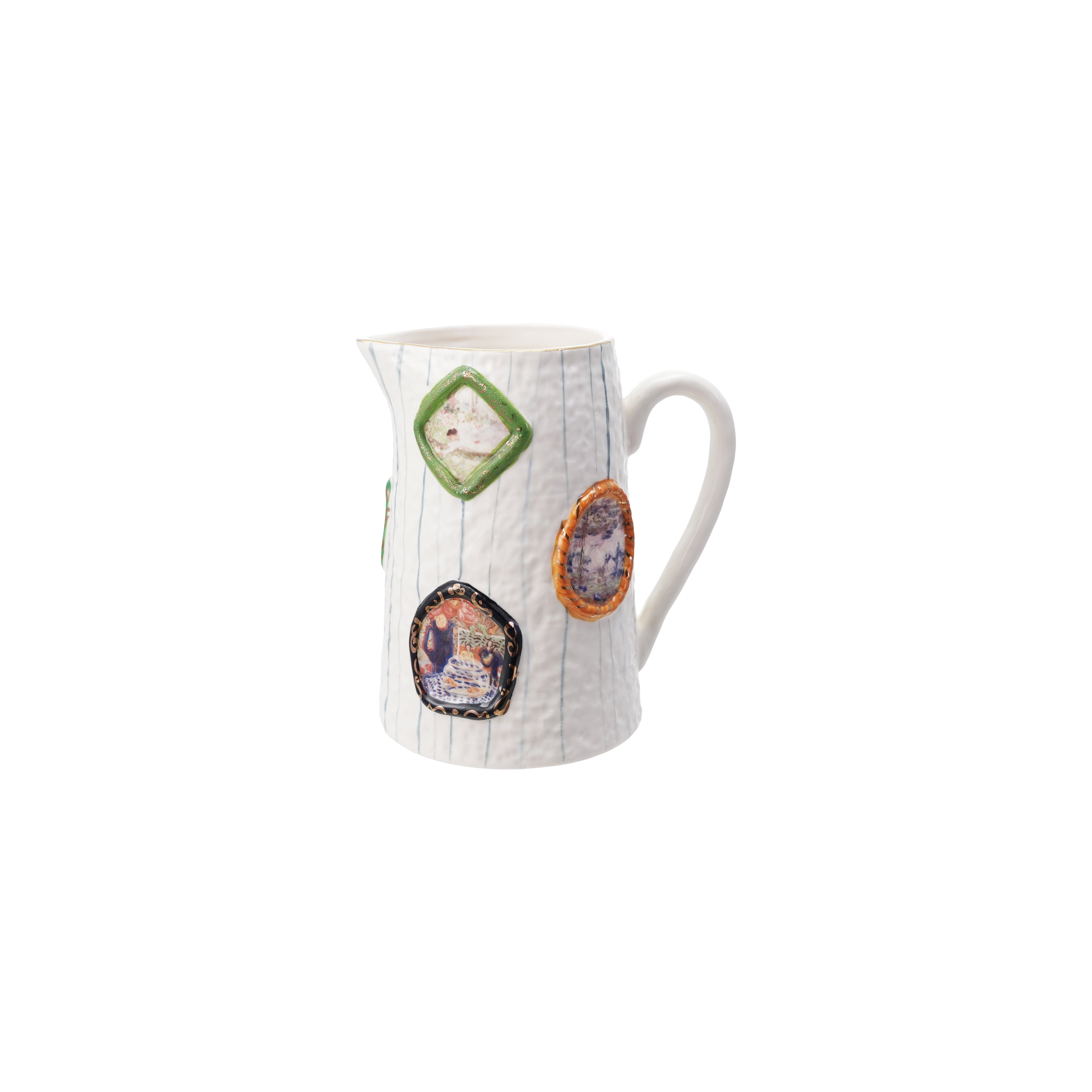 Creative Co-Op 60-Ounce Embossed Hand-Painted Stoneware Pitcher with Picture Frames and Gold Electroplating, Multicolor