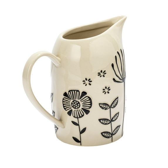 Creative Co-Op 8.75 Inches 62-Ounce Hand-Painted Stoneware Pitcher with Embossed Flowers, Cream and Black
