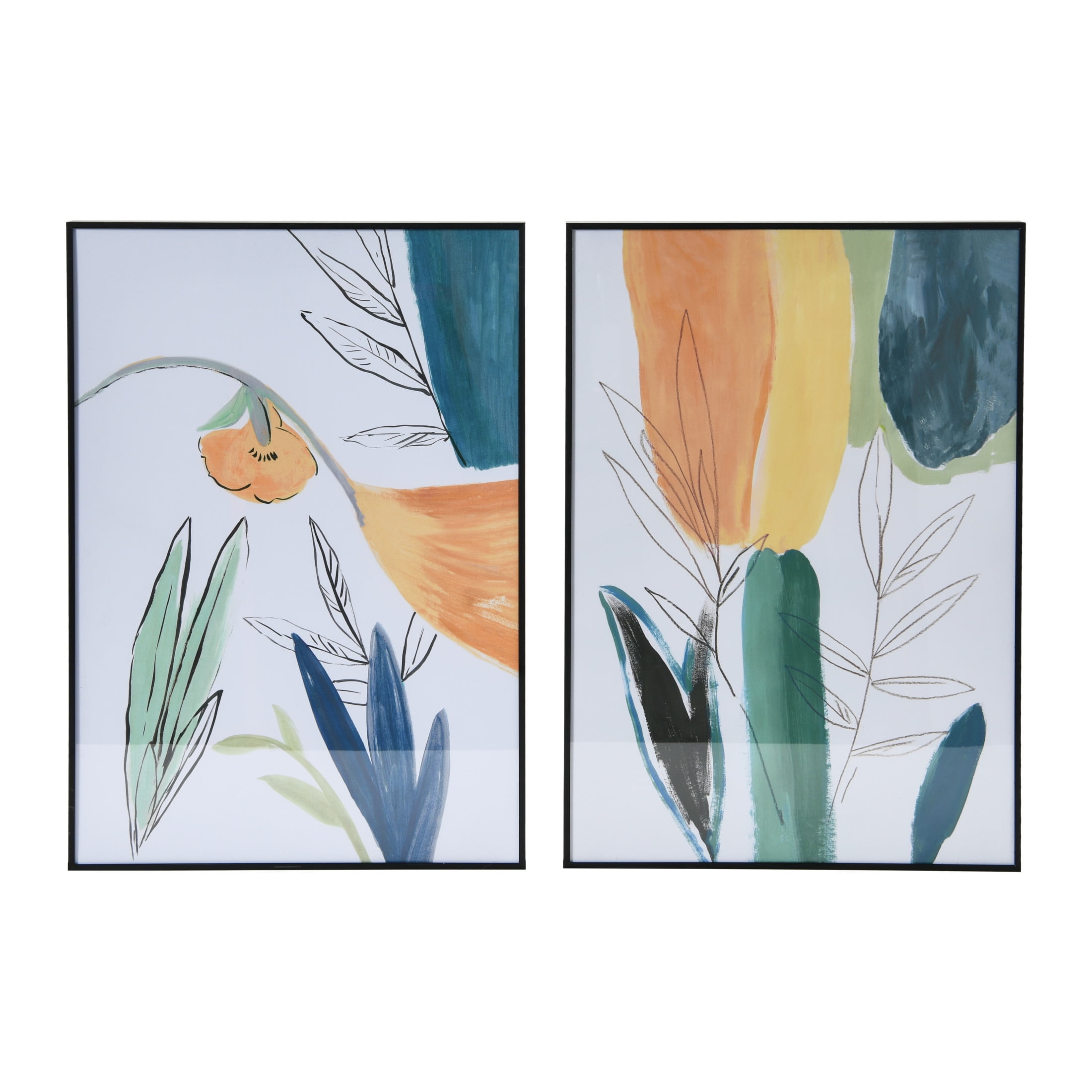 Abstract Floral Watercolor Print in Black Metal Frame, Set of 2