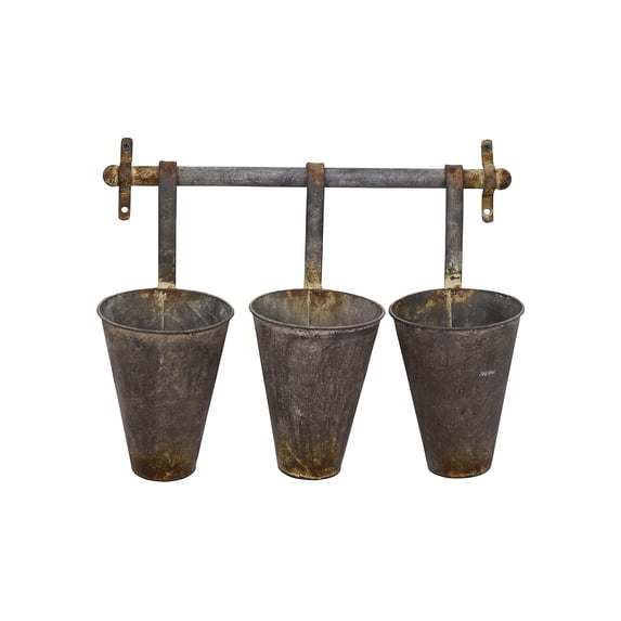 Creative Co-Op Antiqued Metal Wall Rack with 3 Hanging Cone Pots, Grey