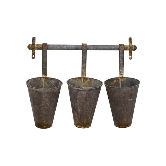 Creative Co-Op Antiqued Metal Wall Rack with 3 Hanging Cone Pots, Grey